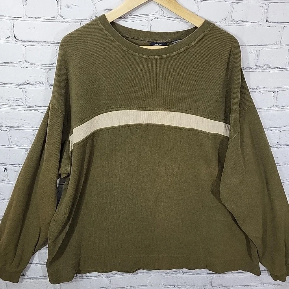Baileys Point Top Mens XL Army Green Ribbed Crew Neck Pullover‎ 100% Cotton Vtg